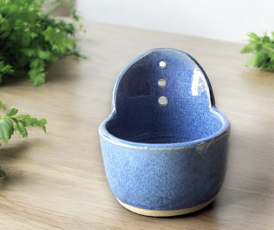 Handmade mid blue ceramic herb stripper bowl – Melbourne pottery