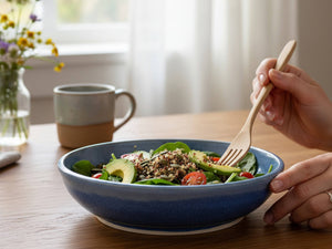 Handmade ceramic pasta-salad bowl in a mid blue glaze, handcrafted in he Melbourne studios of Buxton Pottery.