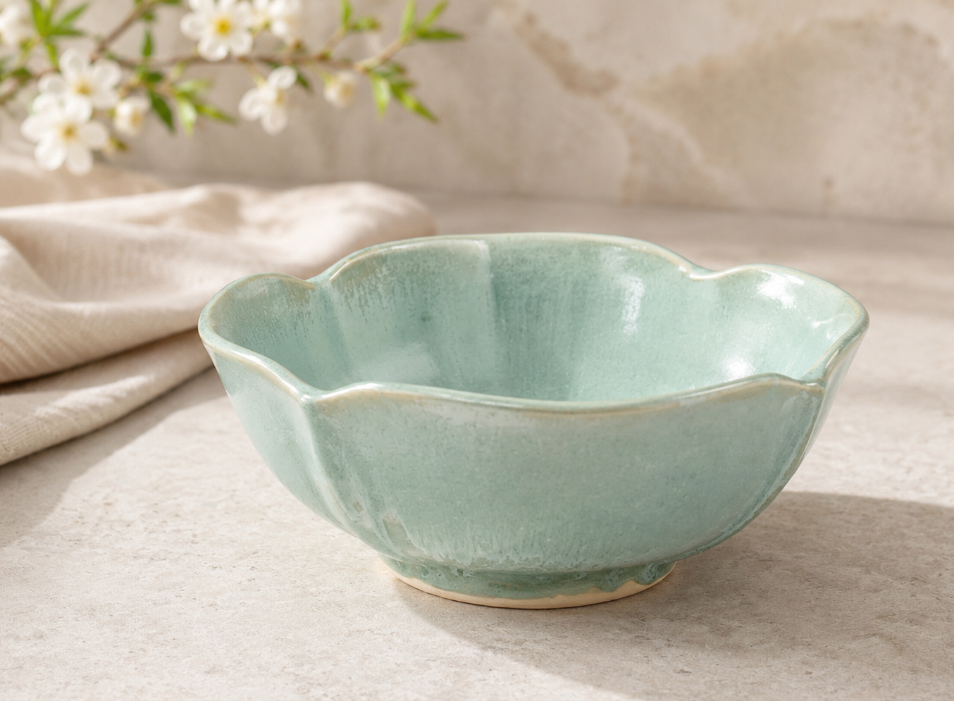 Handmade seafoam green ceramic bowl with altered petal rim styled in a warm kitchen setting