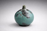 Teal green mini vase with concentric crystal spots handmade pottery Melbourne