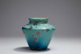 Blue-green galaxy glazed ceramic vase, top opening detail and rim colour variation