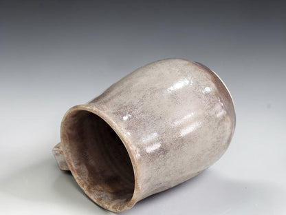 Neutral brown and white mottled mug in warm morning kitchen setting