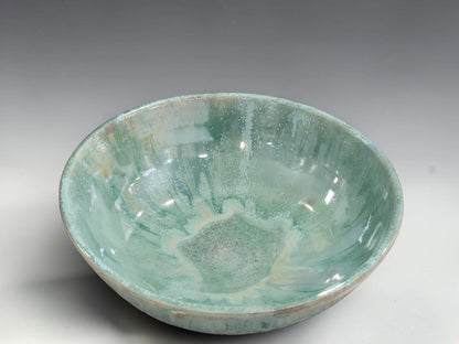 Australian handmade pottery fruit bowl with soft aqua and green glaze