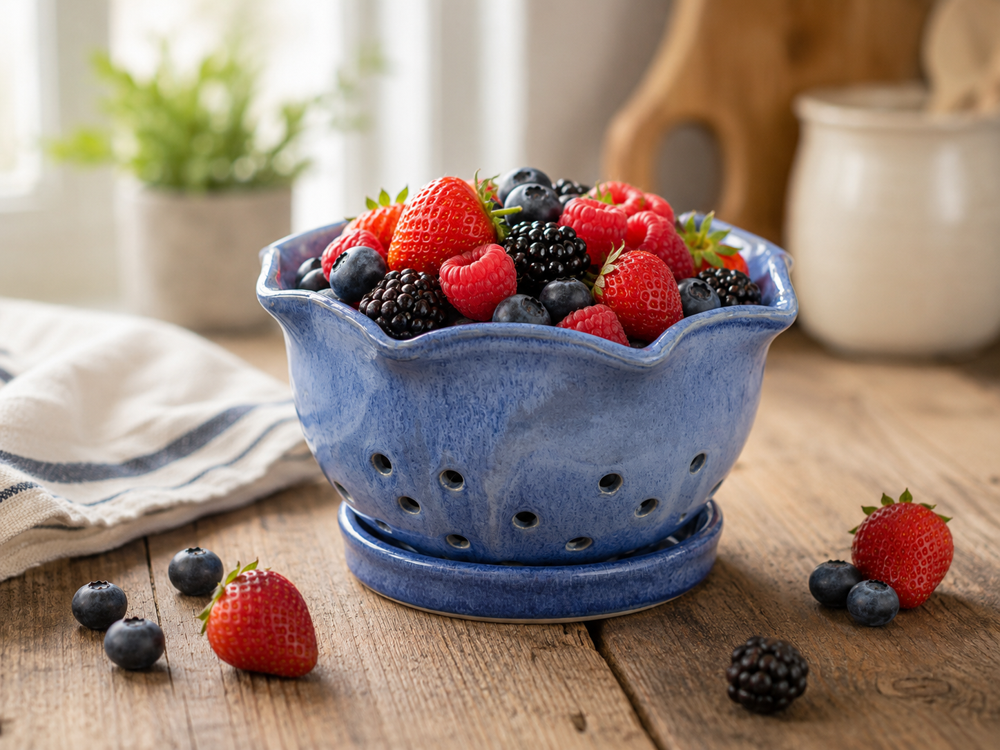 Handmade blue pottery berry bowl with saucer filled with fresh mixed berries