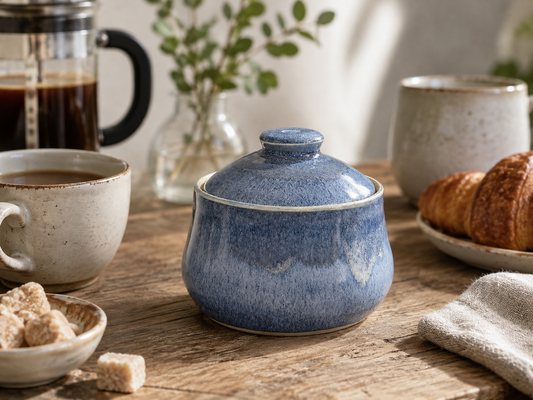 Handmade blue pottery sugar bowl with lid in a rustic breakfast setting