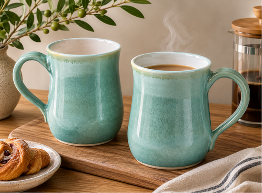 Handmade ceramic mugs by Buxton Pottery featuring a mottled green glaze and glossy white interior, styled in a warm coffee setting and handcrafted in Melbourne, Australia.
