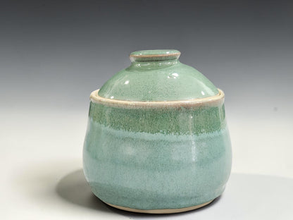 Handmade spearmint green pottery sugar bowl with fitted lid