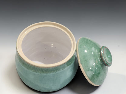 Spearmint green ceramic sugar bowl with rounded lid and knob