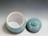 Handmade ceramic kitchen storage piece by Buxton Pottery, designed as a lidded sugar bowl with a soft green glaze and organic silhouette.
