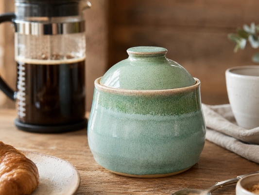 Spearmint glazed pottery sugar bowl for a rustic breakfast table