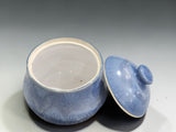 top view of handcrafted blue pottery sugar bowl with lid