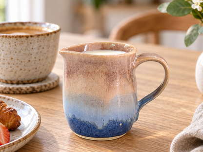 Handmade pottery Jug, 300ml ceramic creamer, Australian-made milk jug, Blue and brown cream jug, gravy boat, ceramic milk jug.