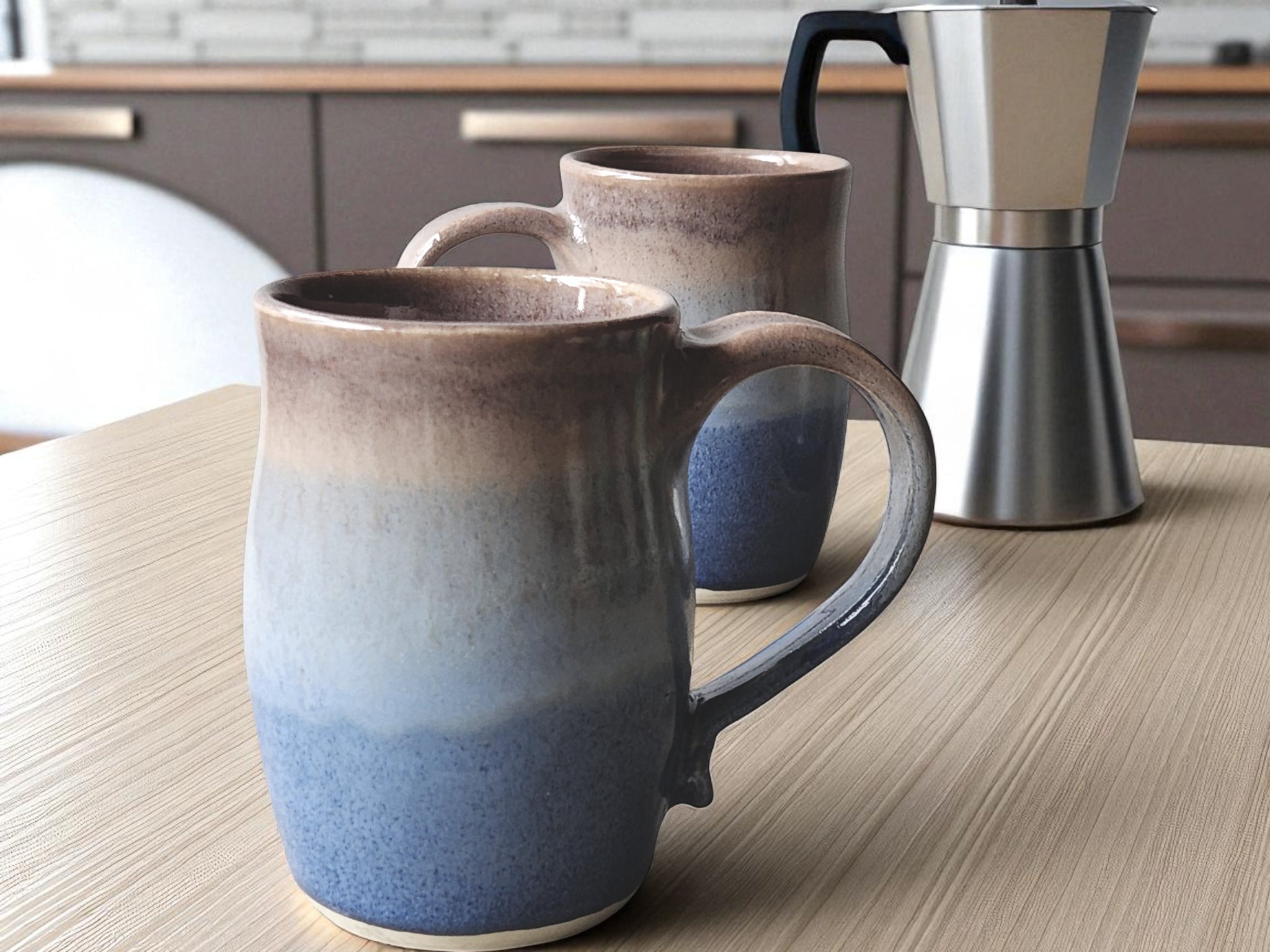 Handmade ceramic mug 350ml – oatmeal brown and blue glaze -  made in Melbourne