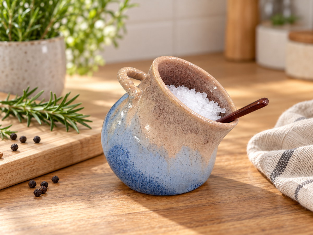 Brown and blue salt pig styled on a timber kitchen bench