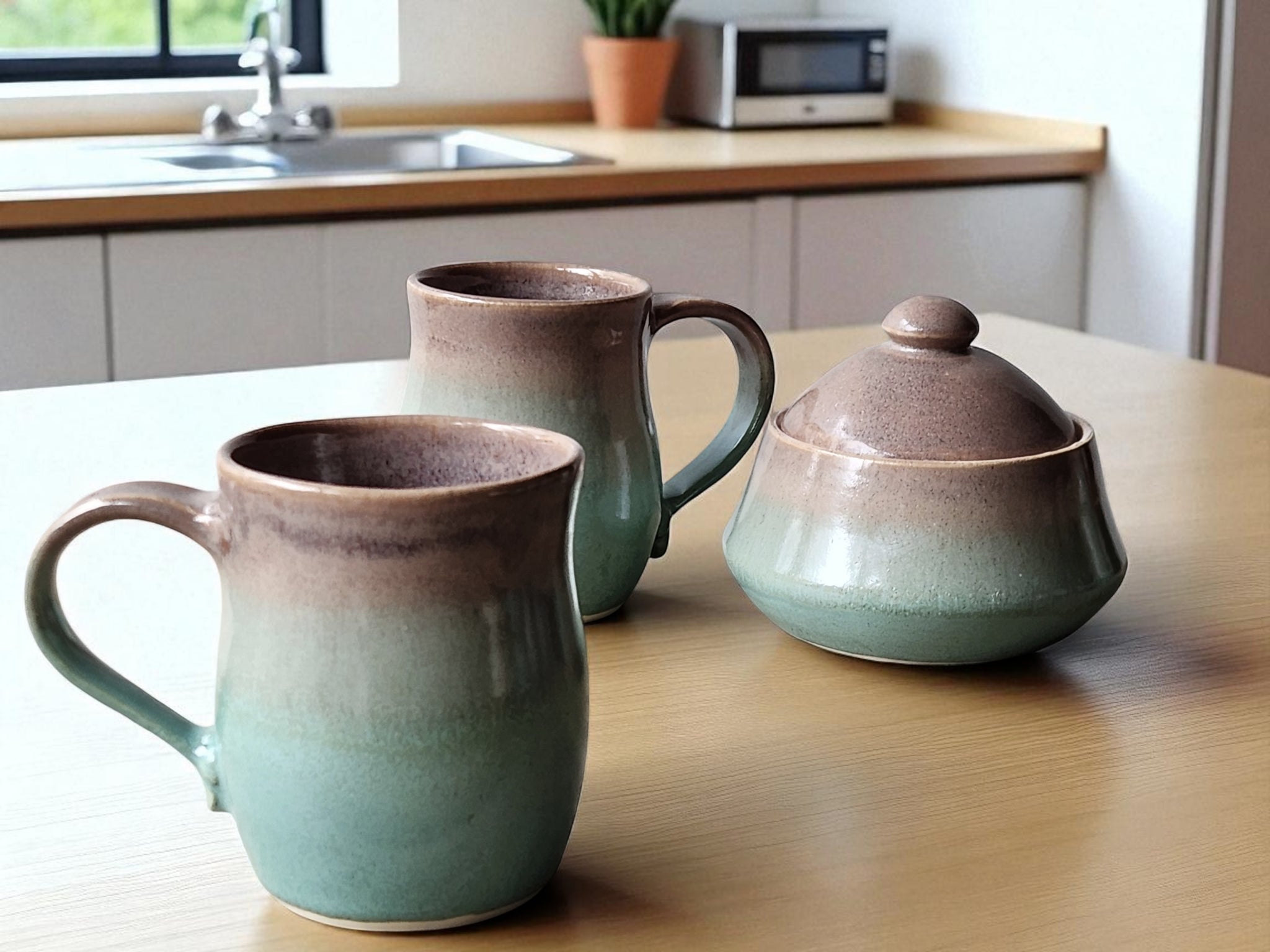 Handmade ceramic coffee mug – oatmeal and green glaze