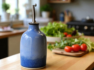 Wheel-thrown pottery oil cruet with food-safe glaze