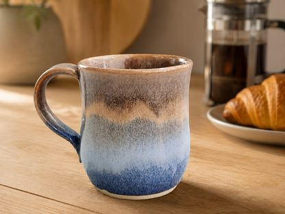 Handmade 300 ml blue oatmeal glazed pottery mug with French press and croissant