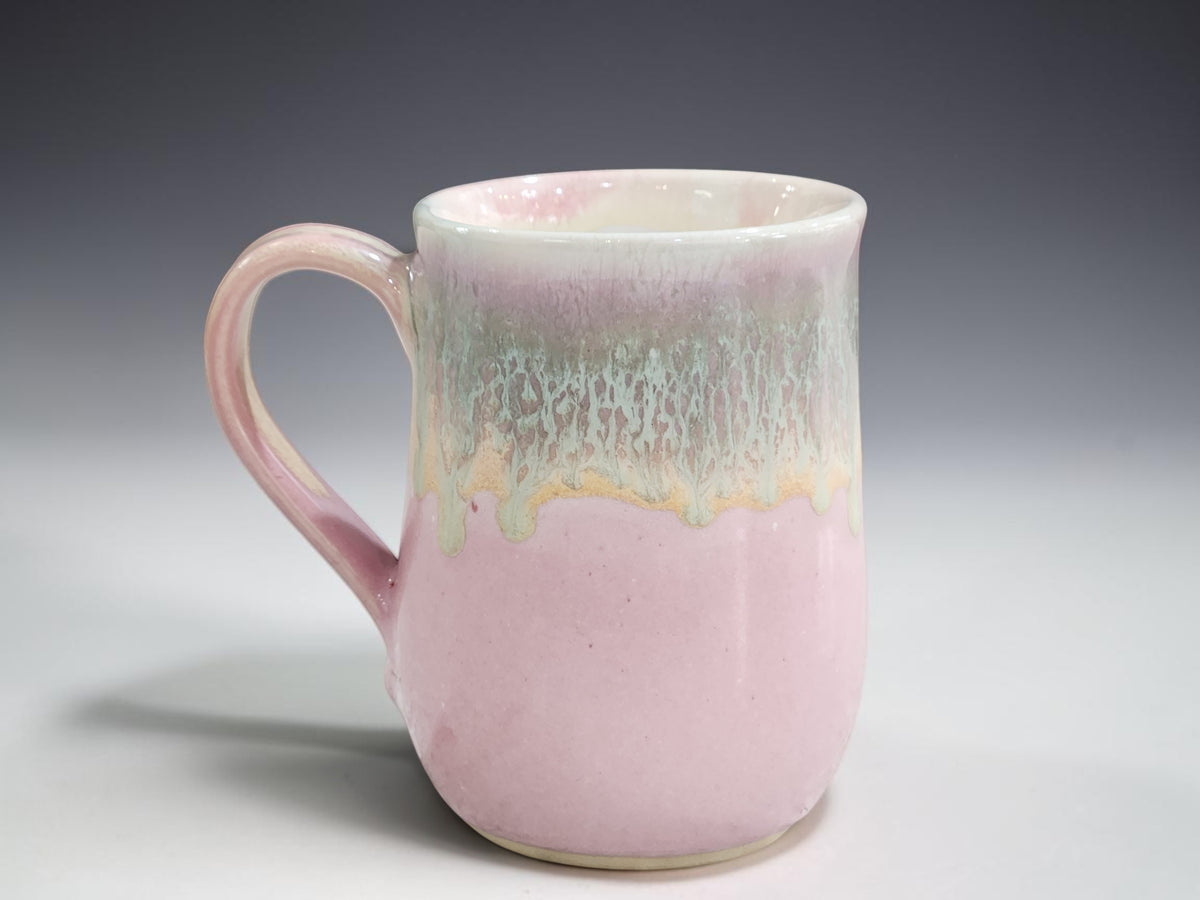 400ml handmade ceramic coffee mug with soft pink and flowing green glaze