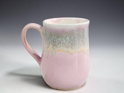 400ml handmade ceramic coffee mug with soft pink and flowing green glaze