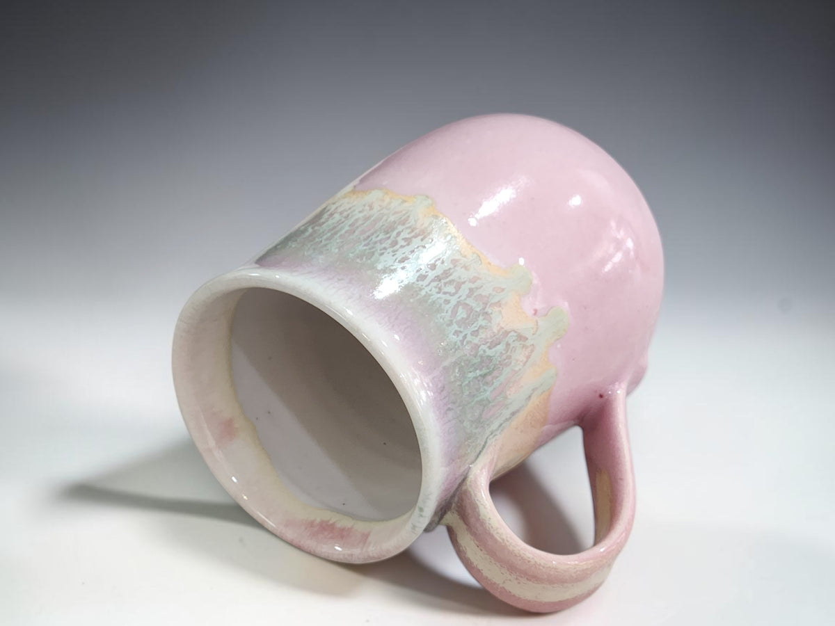 Handmade 400ml coffee mug in pink and green glaze, unique Australian pottery gift
