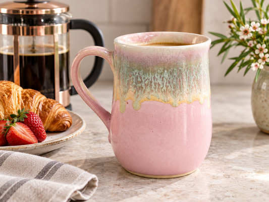 Handmade pink ceramic mug 400ml with French press and croissant, Buxton Pottery Melbourne Australia