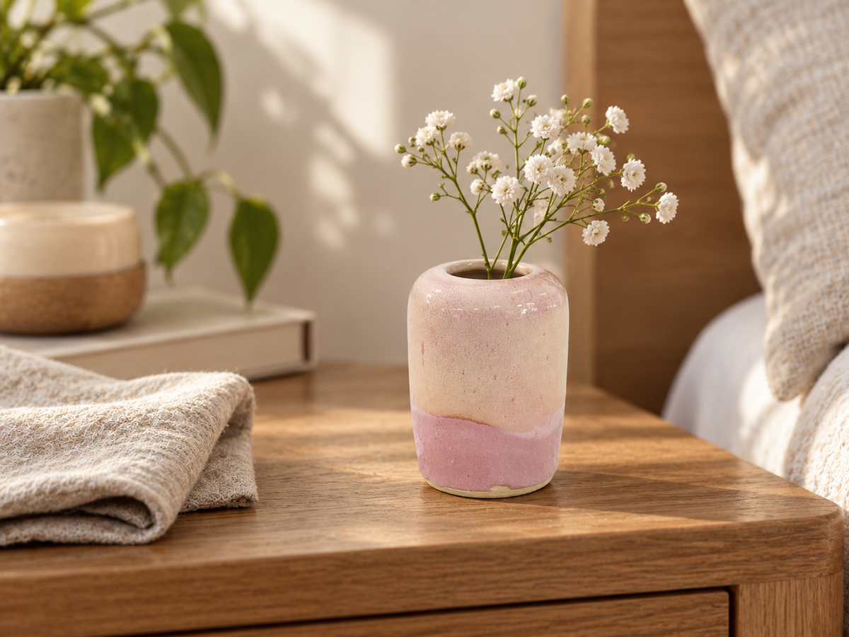Small pink ceramic bud vase with white flowers on a sunlit timber bedside table