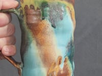 Rustic Handmade Ceramic Mug – 4000ml – Green, Amber & Turquoise Drip Glaze with Red-Brown Interior