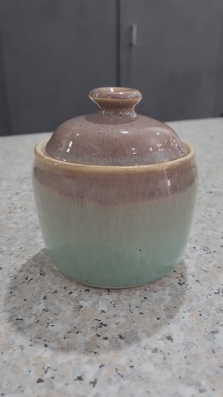 Handmade Ceramic Storage Jar with Lid – Brown & Spearmint Green – Melbourne Pottery