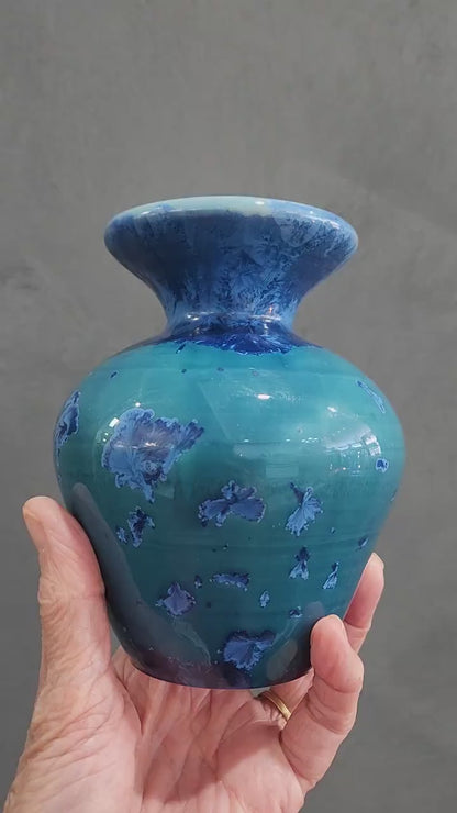 Unique Handmade porcelain Ceramic vase - Crystalline pottery small vase made in Australia -blue on blue