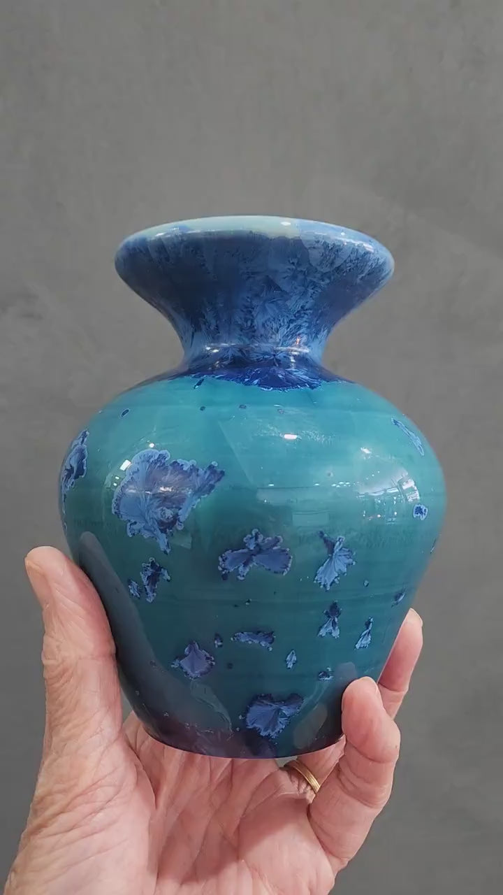 Unique Handmade porcelain Ceramic vase - Crystalline pottery small vase made in Australia -blue on blue