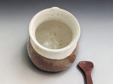 Handmade ceramic salt pig with cream and earthy brown glaze