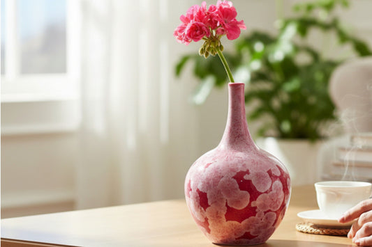 Handmade ceramic red and white bottle neck bud vase, a perfect small unique gift, made in Melbourne.