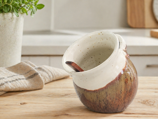 Handmade ceramic salt pig on a light timber kitchen bench in a styled kitchen setting