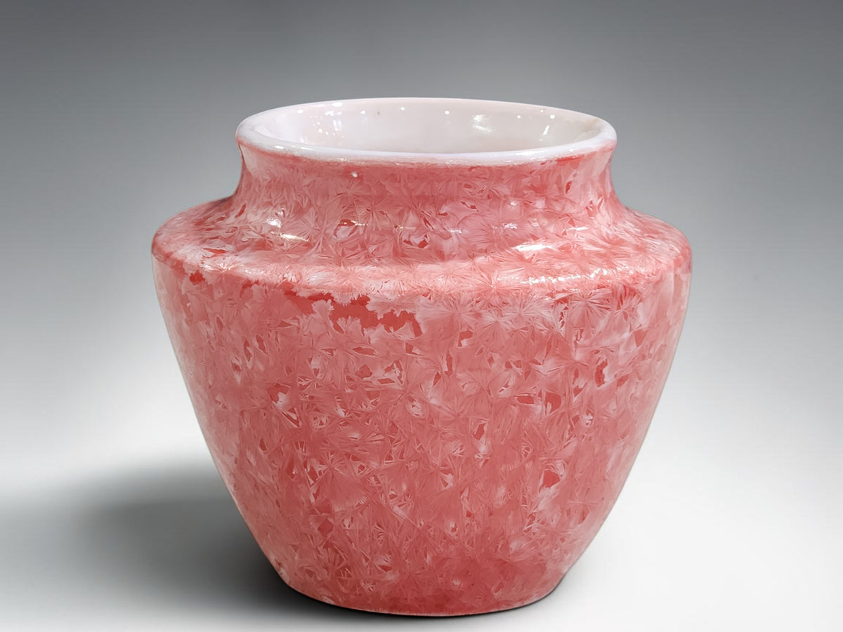 Red and white crystalline porcelain squat vase handmade by Buxton Pottery