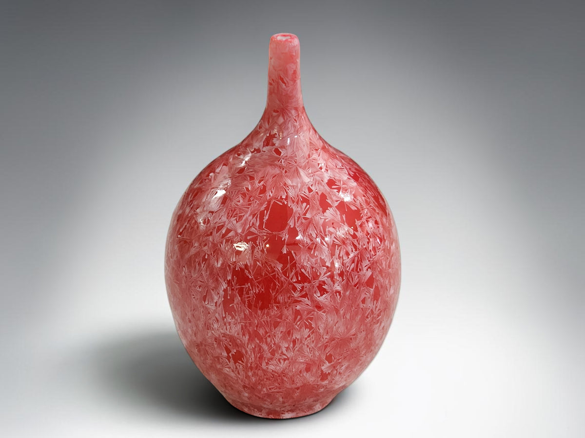 Red and white crystalline porcelain decorative vase handmade by Buxton Pottery