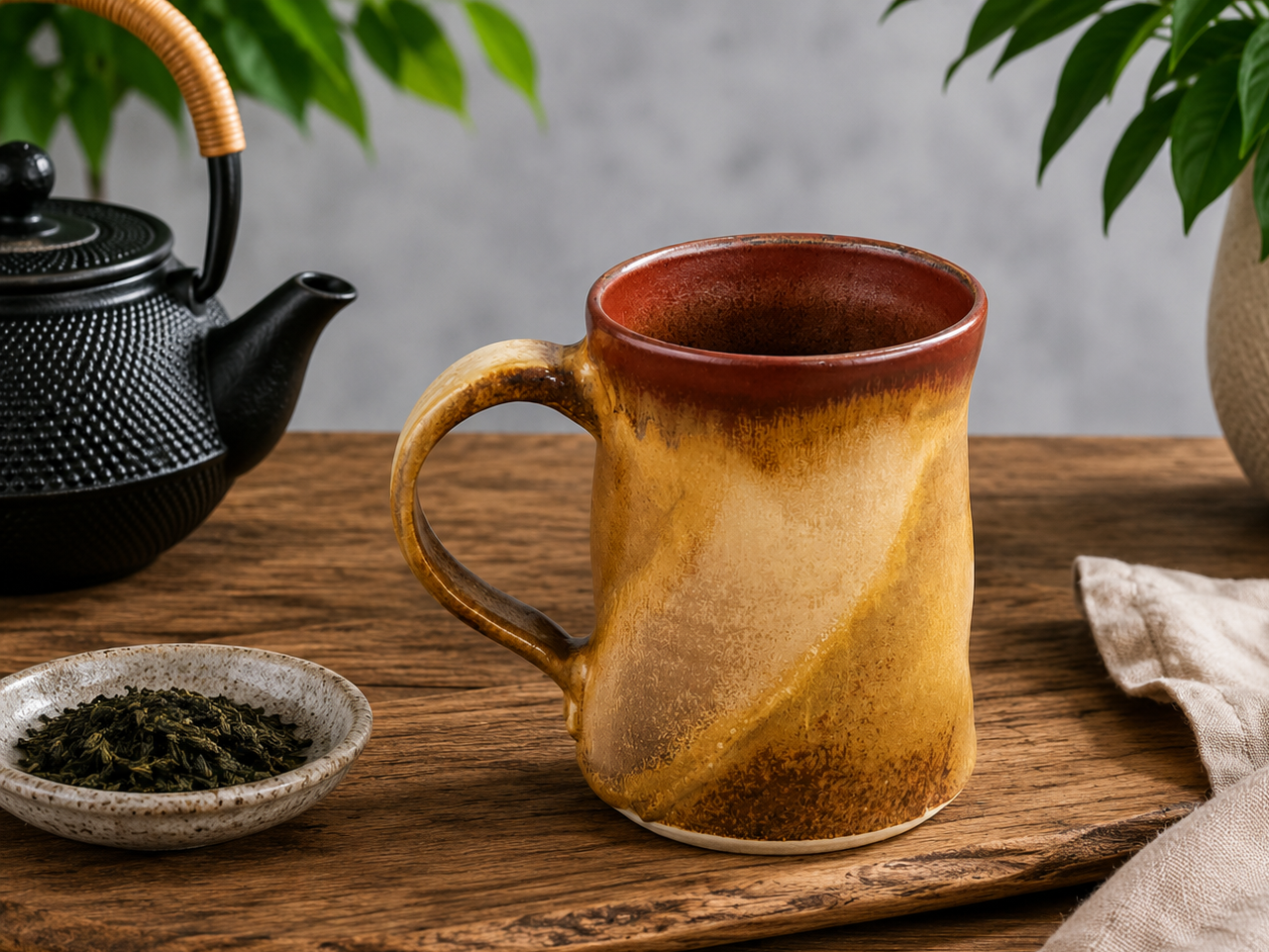 Handmade ceramic coffee mug 350ml Bush Creek Earth Collection on timber table with teapot lifestyle image