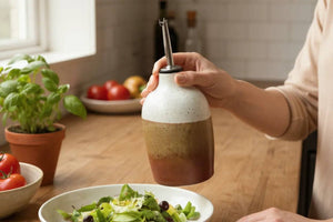 Handmade ceramic oil bottle with speckled cream and earthy glaze