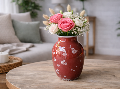 Handmade porcelain vase with glossy red glaze and silver crystals, 17cm tall, Buxton Pottery Melbourne Australia