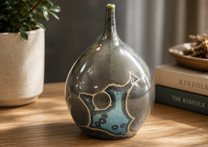 Handmade crystalline galaxy bud vase styled on wooden table