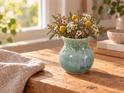 Small green ceramic bud vase with Australian wildflowers on a sunlit timber table
