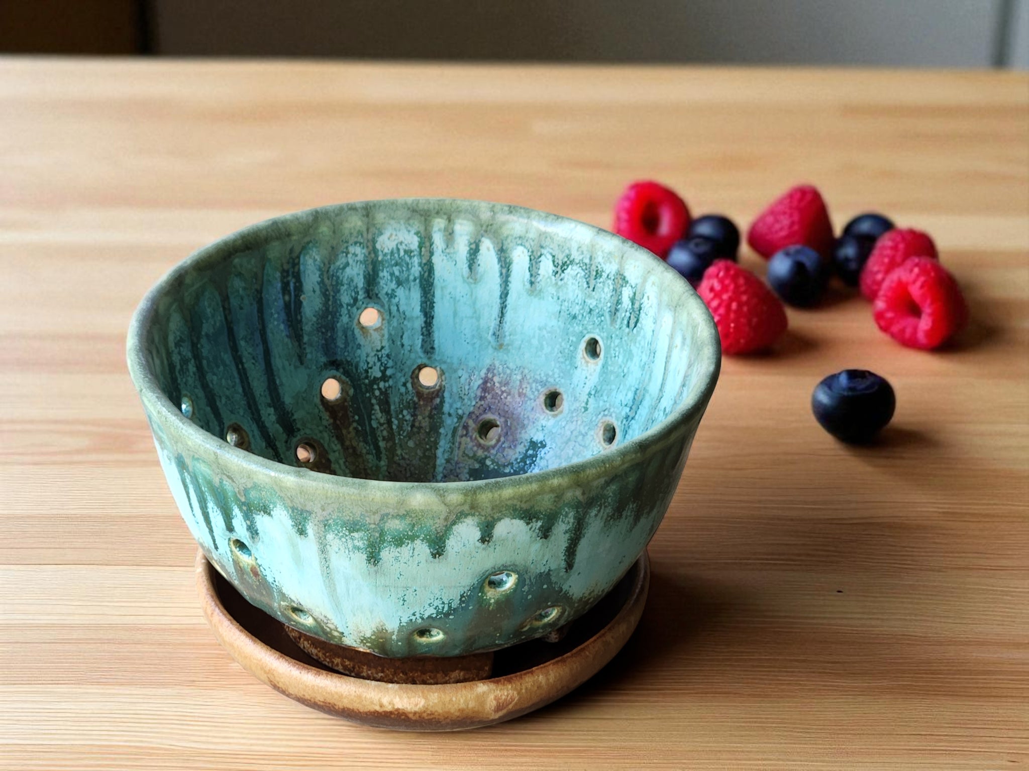 Rustic Ceramic Berry Bowl – Handmade Pottery with Drainage Plate , 15cm - Buxton Pottery