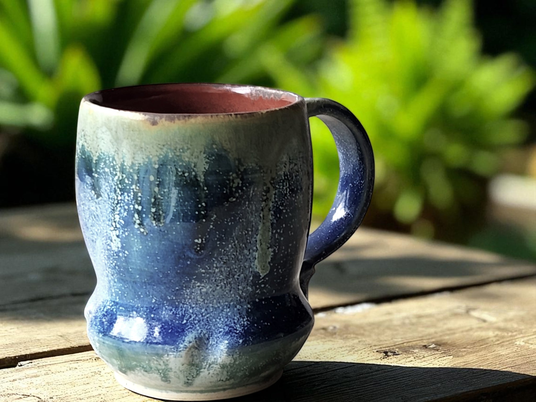 Rustic Ceramic Mug – 350ml – Blue & Green Ash Drip Glaze with Red-Brown Interior - Buxton Pottery