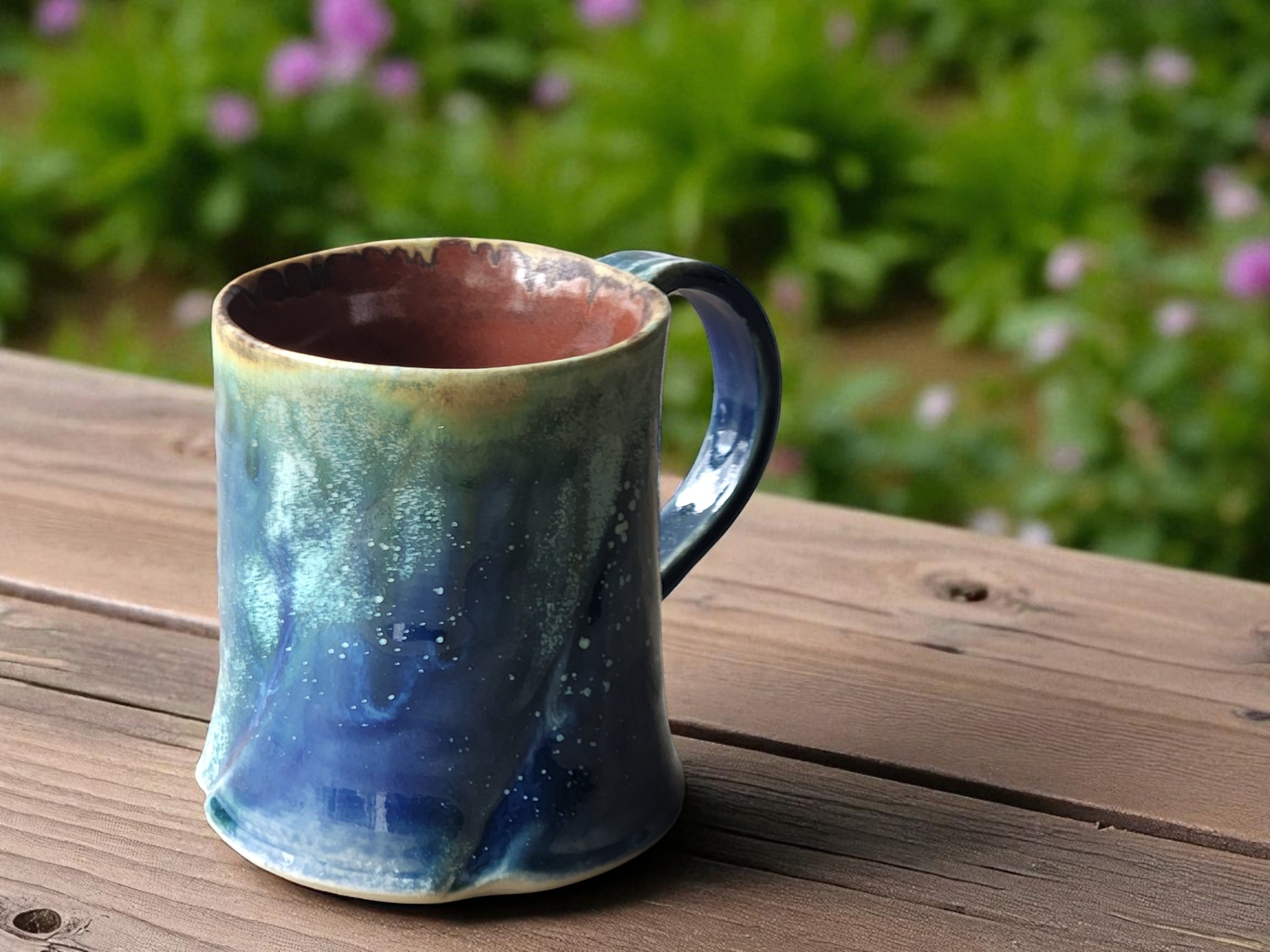 ,Rustic Ceramic Mug – 350ml – handmade pottery mugs with Ocean Blue & Ash Green Drip Glaze with Red-Brown Interior - Buxton Pottery