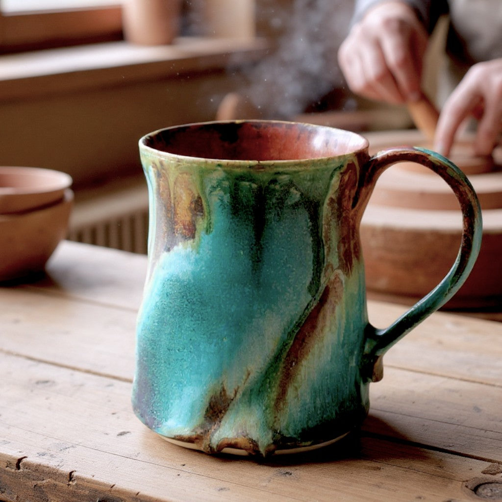 Handmade ceramic mug turquoise amber glaze