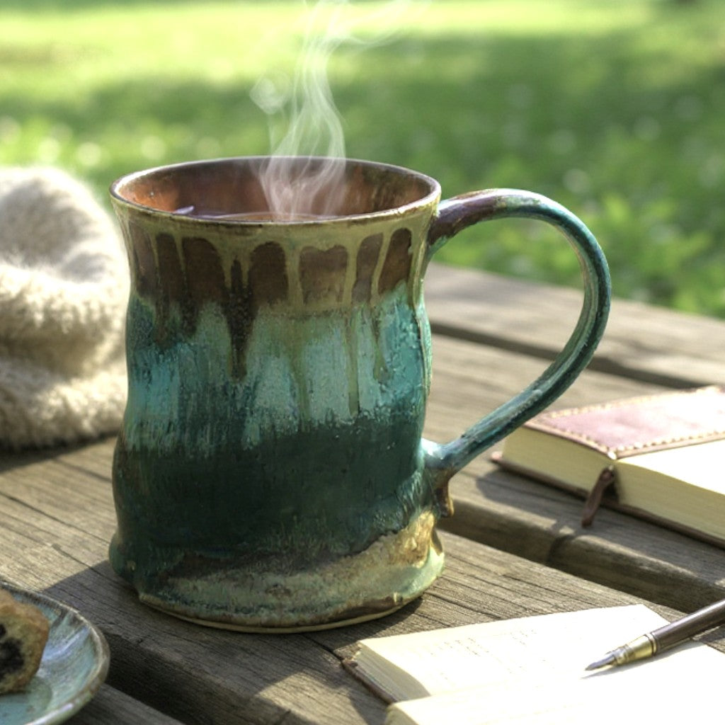 Handmade ceramic mug with green, amber, and turquoise glaze – 400 ml