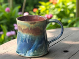 Handmade Rustic Ceramic Mug – 350ml – Altered Form with Red-Brown, Blue & Green Glaze - Buxton Pottery