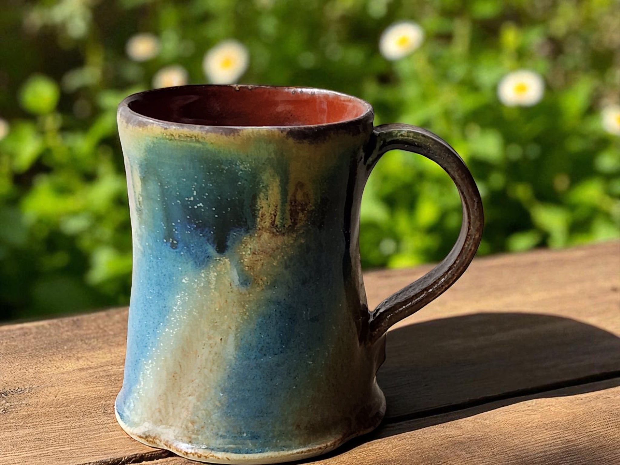 Rustic Handmade Ceramic Mug – 350ml – pottery mug - Ash Drip with Blue & Brown Glaze – Red-Brown Interior - Buxton Pottery