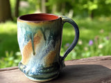 Rustic Handmade Ceramic Mug – 350ml – Green, Amber & Blue Drip Glaze with Red-Brown Interior - Buxton Pottery