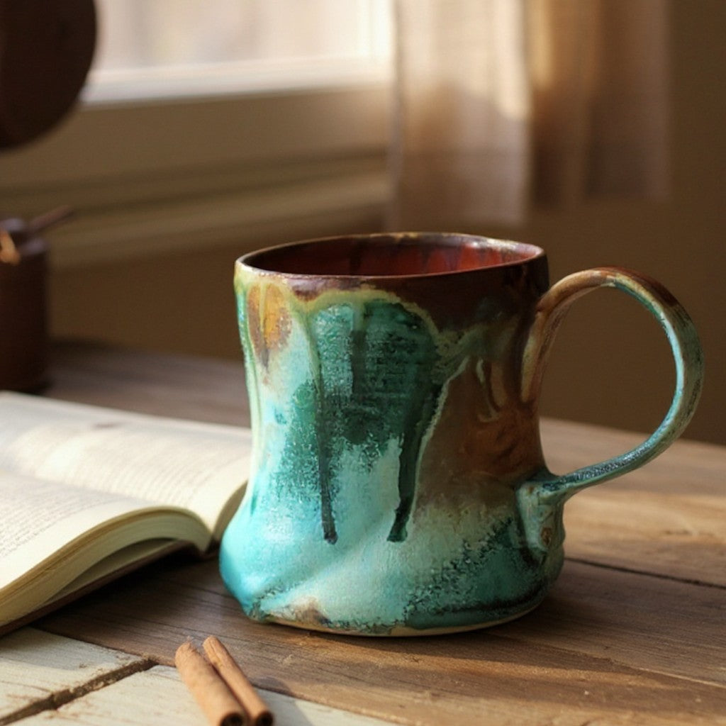 Handmade ceramic coffee mug in turquoise green glaze