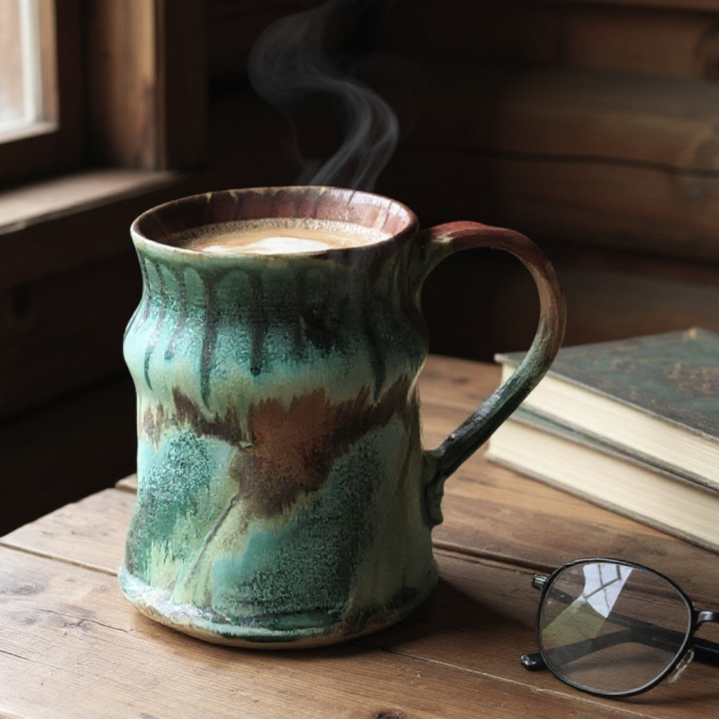Handmade pottery mug with turquoise and brown glaze